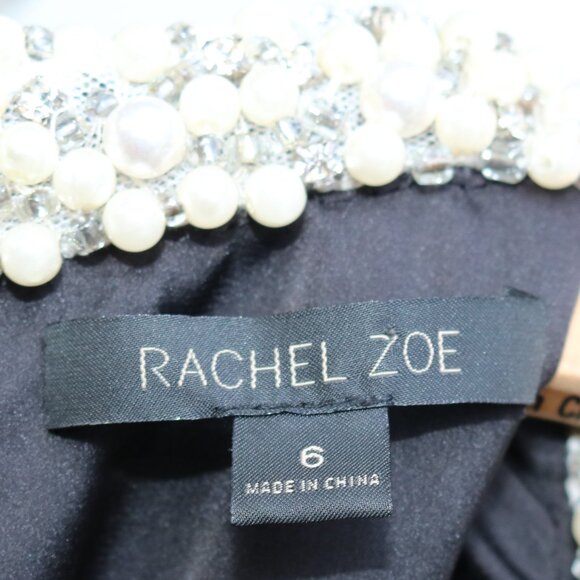 Rachel Zoe Black Pearl Trim Pleated Keyhole Neck Cap Sleeve Sheath  Dress Sz 6 - Picture 6 of 7